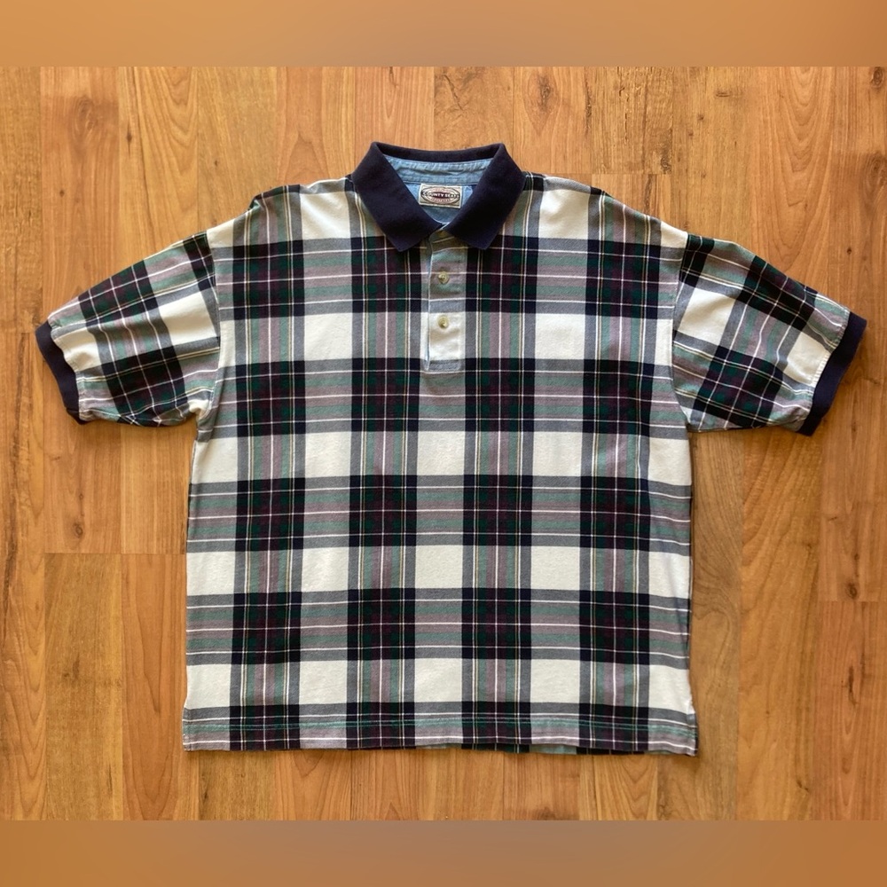 Vintage County Seat Mens Large Plaid Cotton Flannel Short Sleeve Polo Shirt